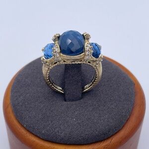 Judith Ripka 14K Gold Clad Blue Quartz Doublet 3 Stone Ring 925 Sterling Silver